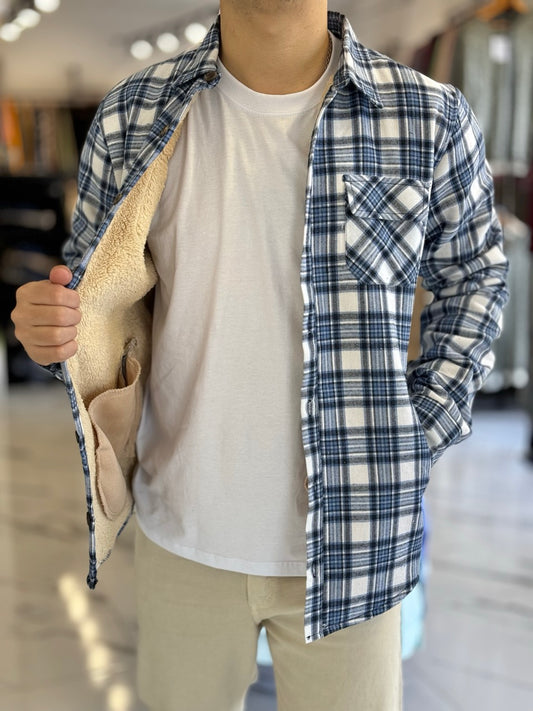 Sobrecamisa con corderito cuadros celeste