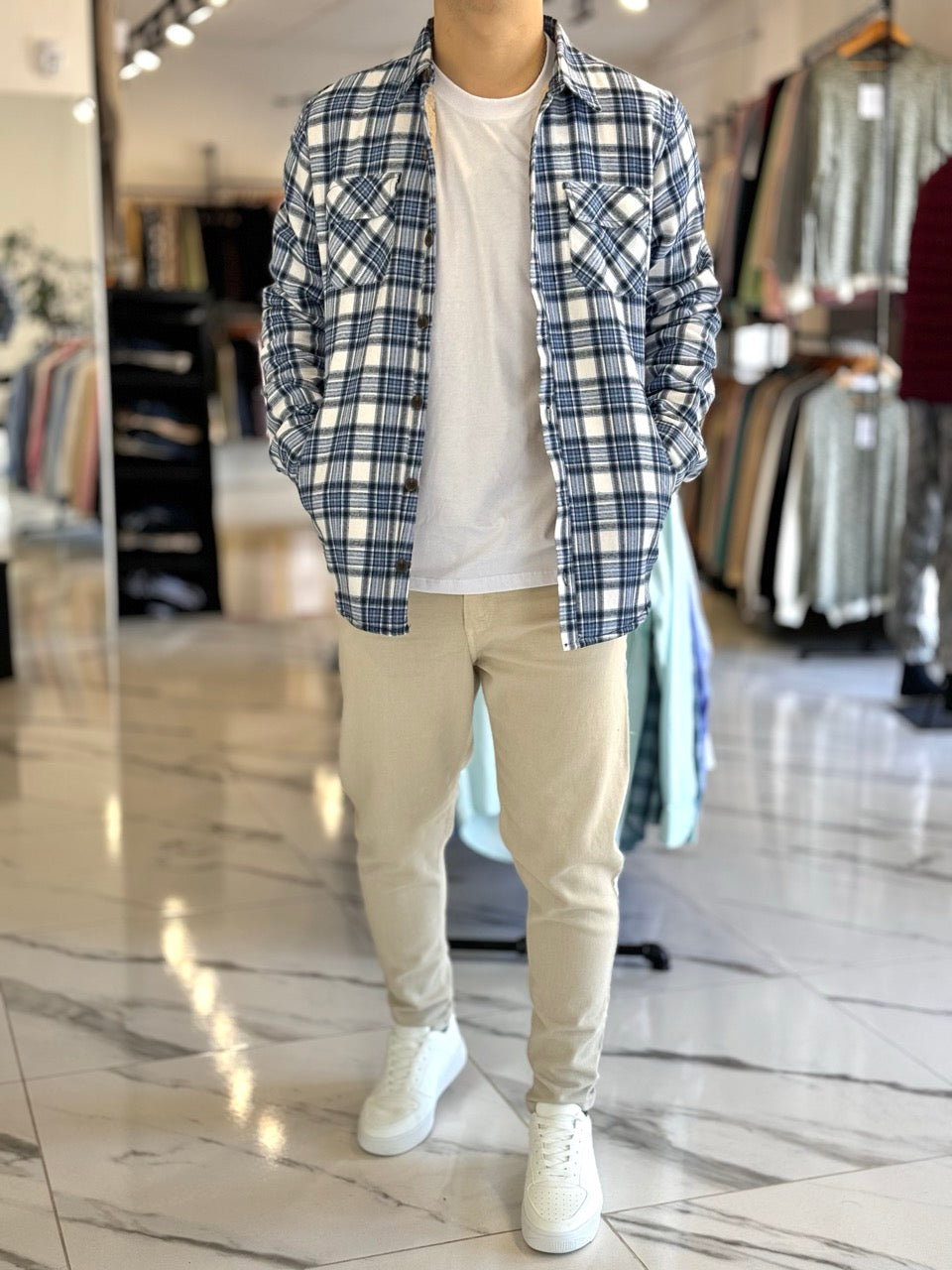 Sobrecamisa con corderito cuadros celeste