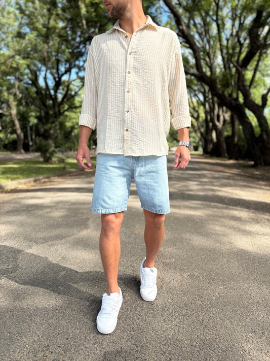 Camisa lino beige raya blanca