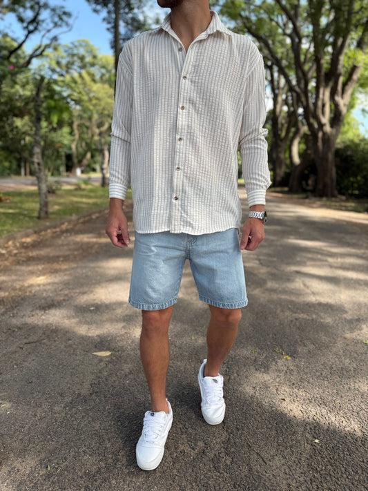 Camisa lino blanca raya beige