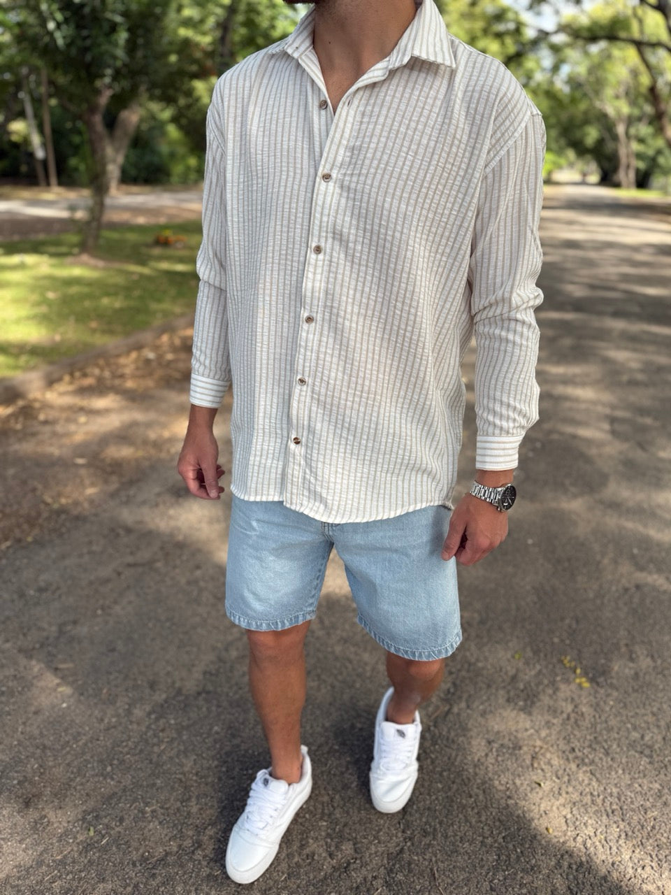 Camisa lino blanca raya beige