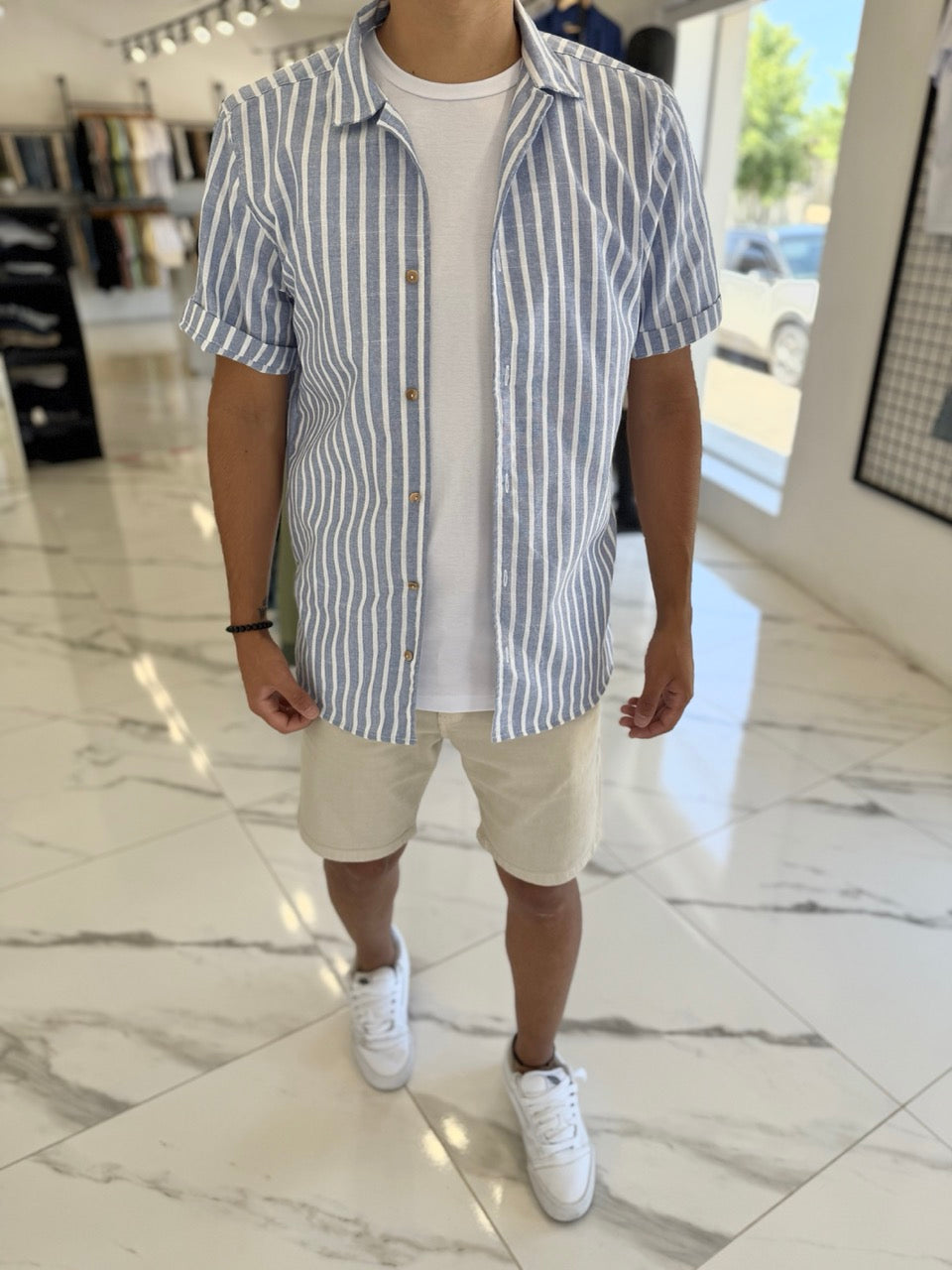 Camisa MC azul rayada