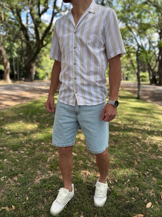 Camisa MC rayada beige