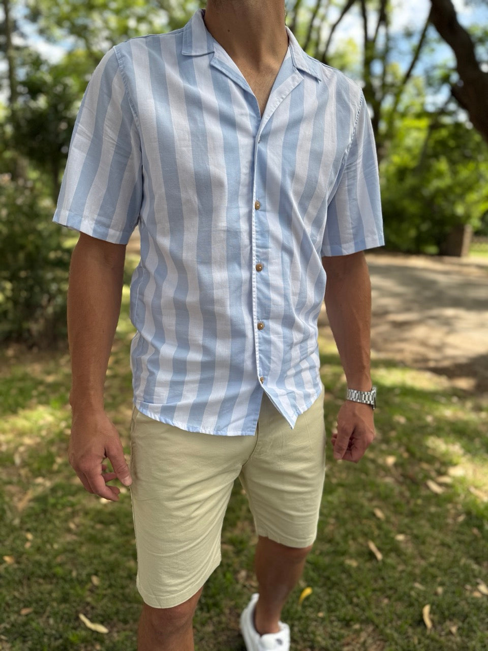 Camisa MC rayada celeste