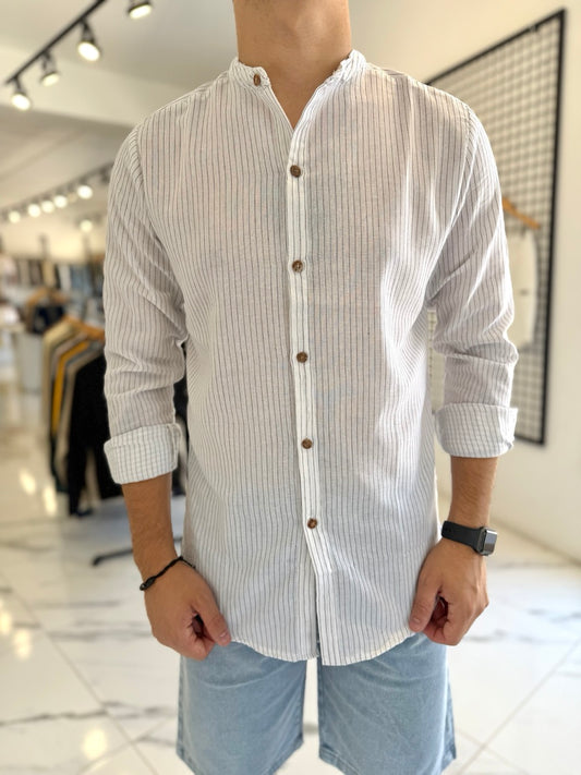 Camisa lino mao blanca rayita azul