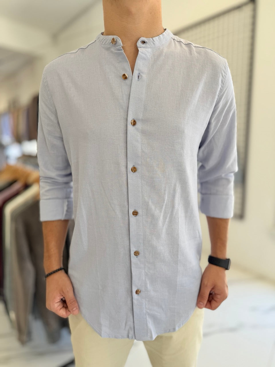 Camisa lino mao celeste