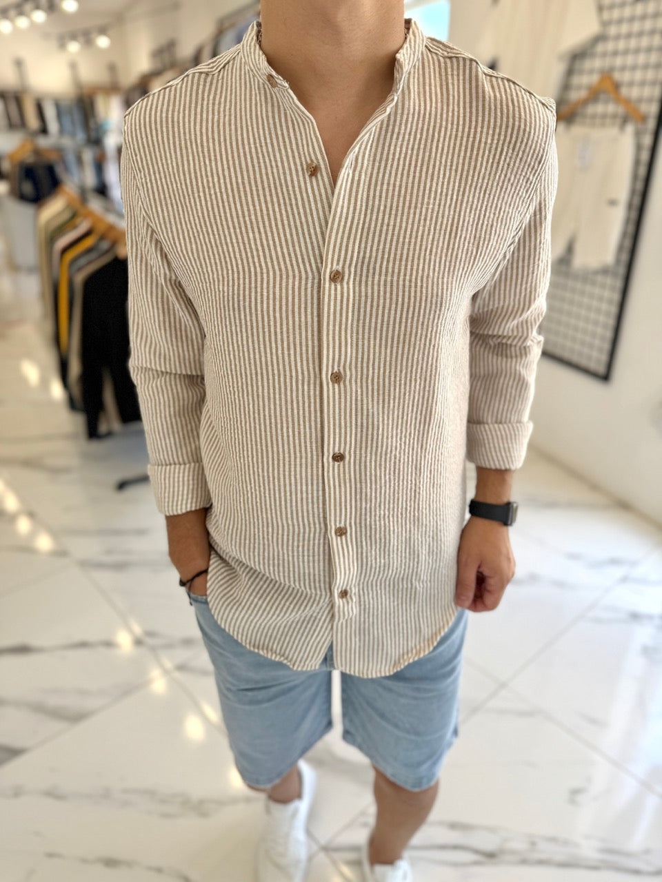 Camisa lino mao raya beige