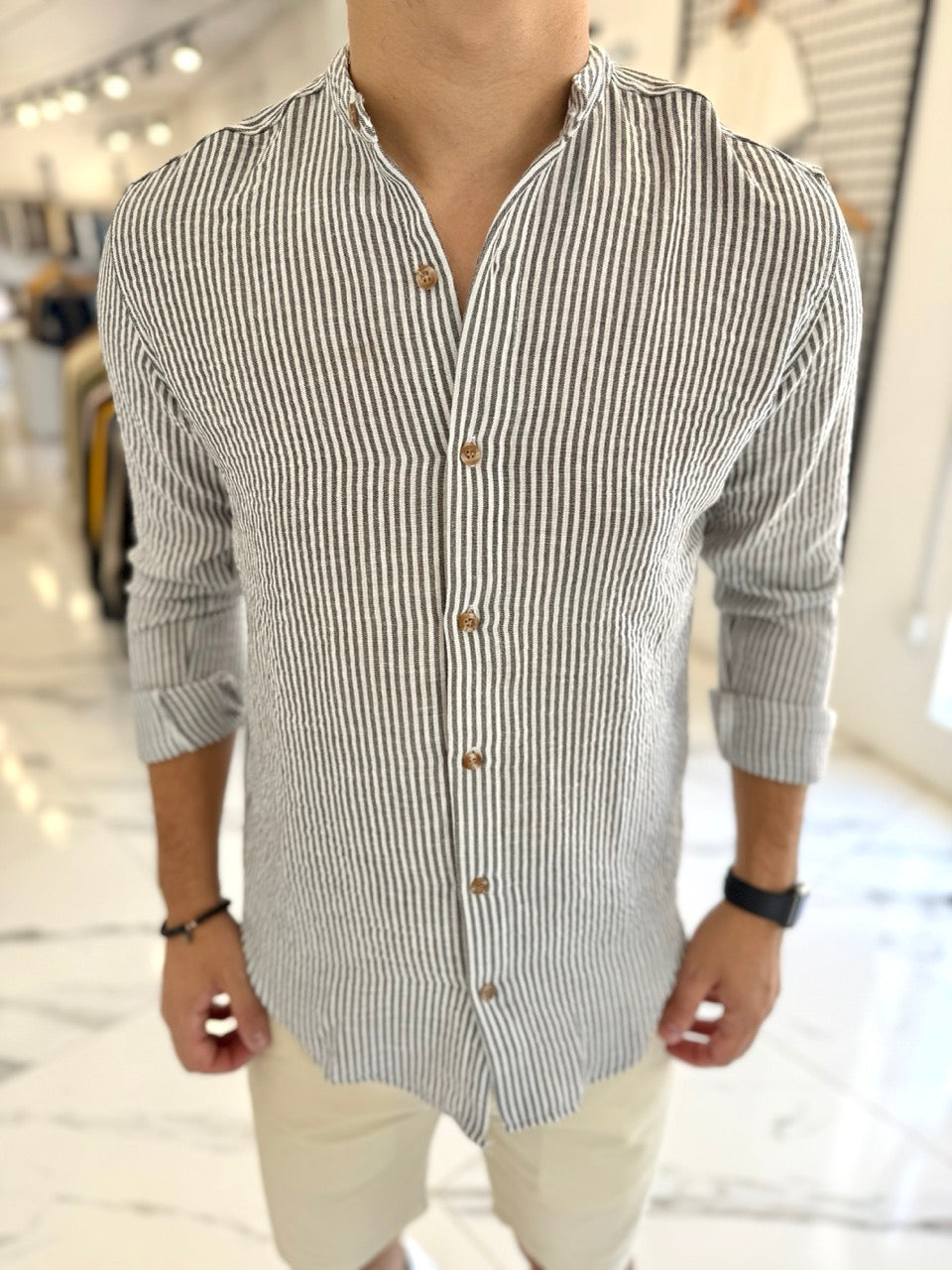 Camisa lino mao raya gris