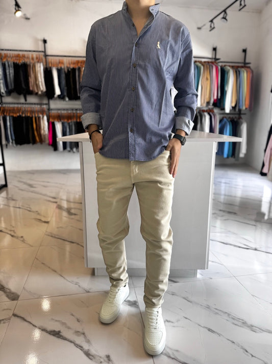 Camisa mao azul raya blanca