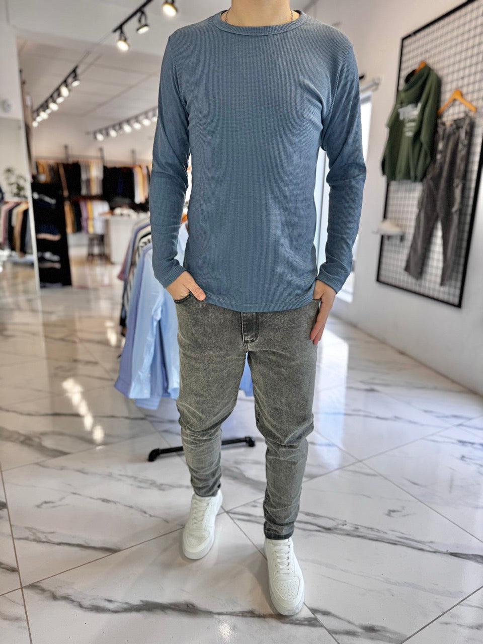 Remera wafle manga larga azul