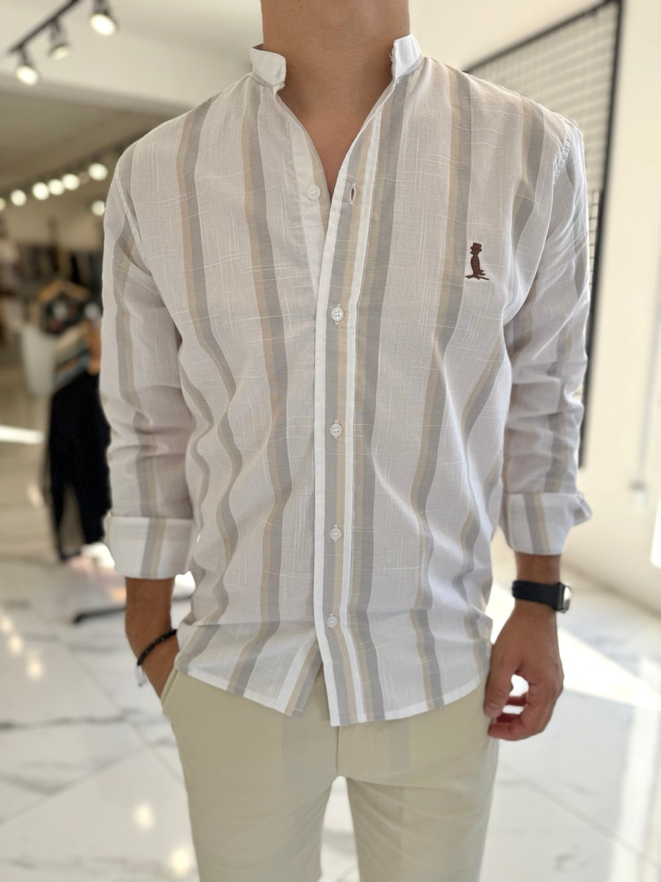 Camisa mao blanca raya gris/beige