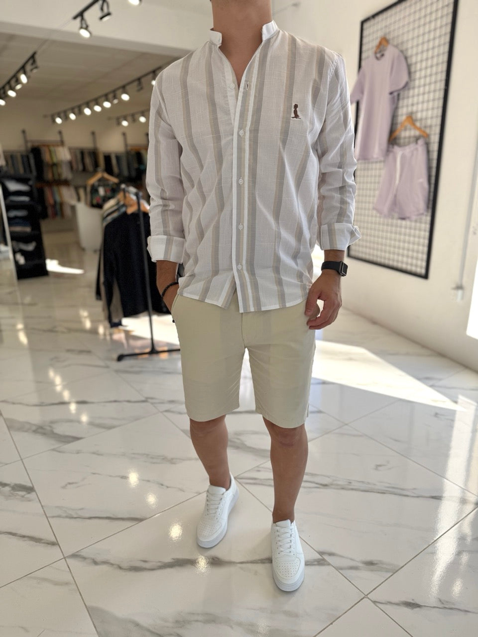 Camisa mao blanca raya gris/beige