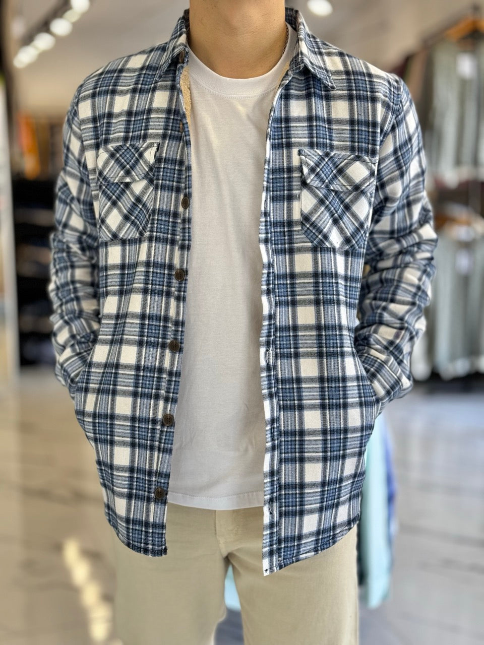 Sobrecamisa con corderito cuadros celeste