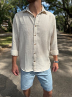 Camisa lino beige raya blanca