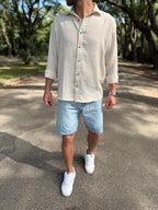 Camisa lino beige raya blanca