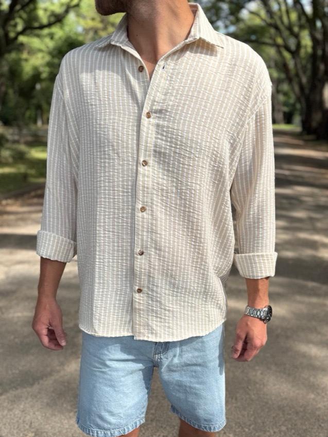 Camisa lino beige raya blanca