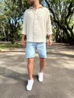 Camisa lino beige raya blanca