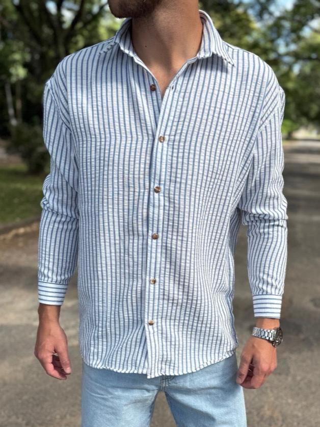 Camisa lino blanca raya azul