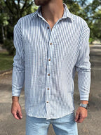 Camisa lino blanca raya azul