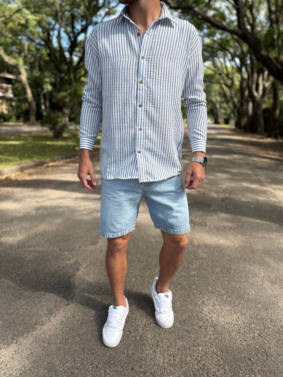 Camisa lino blanca raya azul