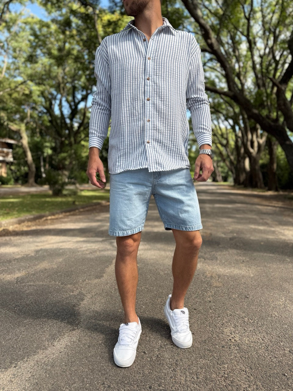 Camisa lino blanca raya azul