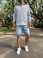 Camisa lino blanca raya azul