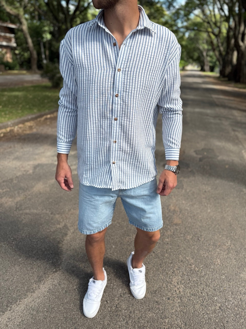 Camisa lino blanca raya azul