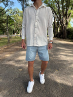 Camisa lino blanca raya beige