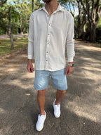 Camisa lino blanca raya beige