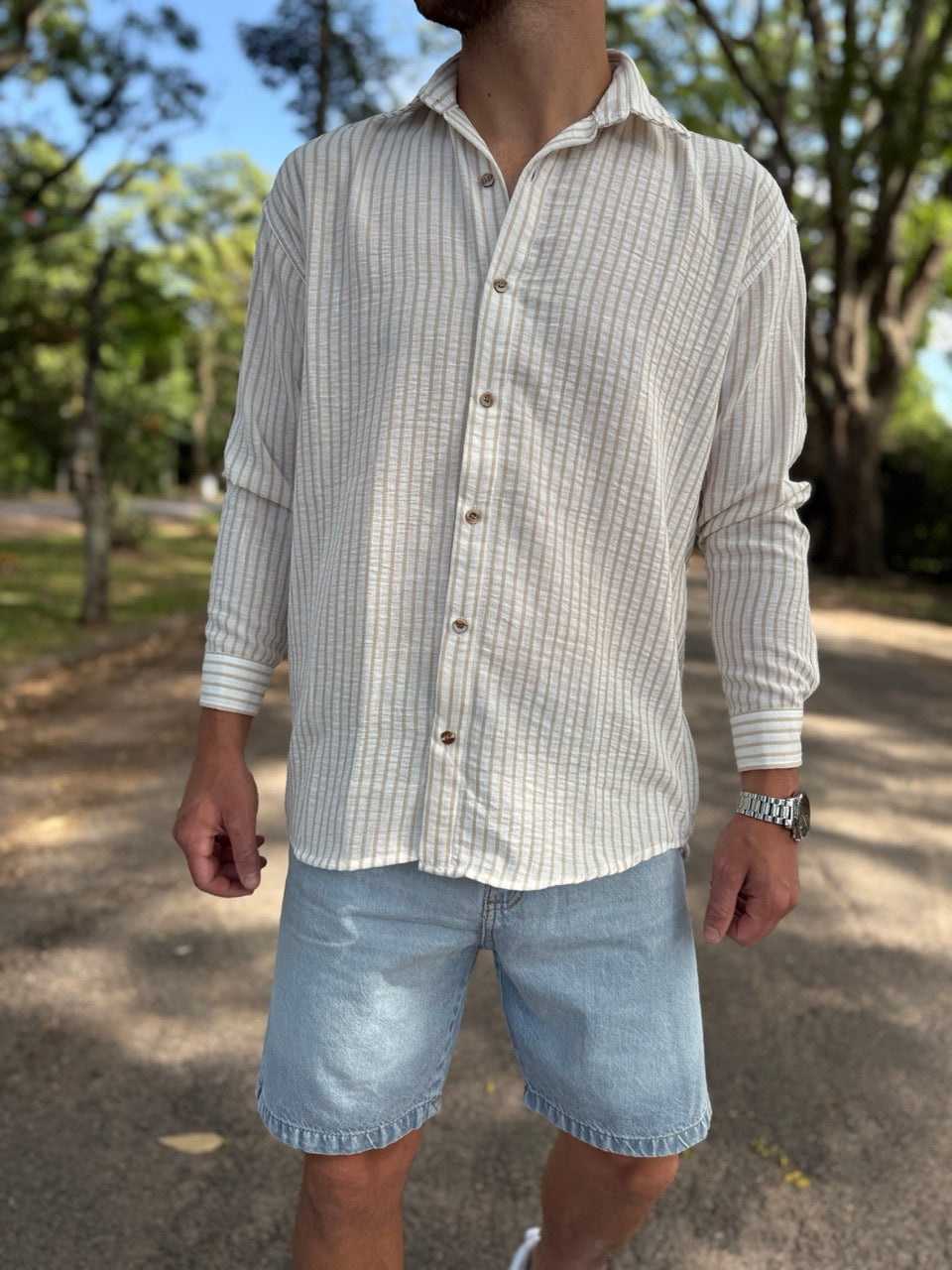 Camisa lino blanca raya beige