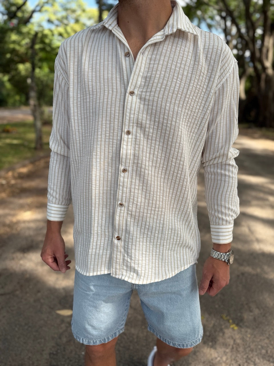 Camisa lino blanca raya beige