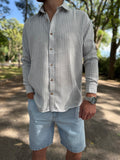 Camisa lino gris raya blanca