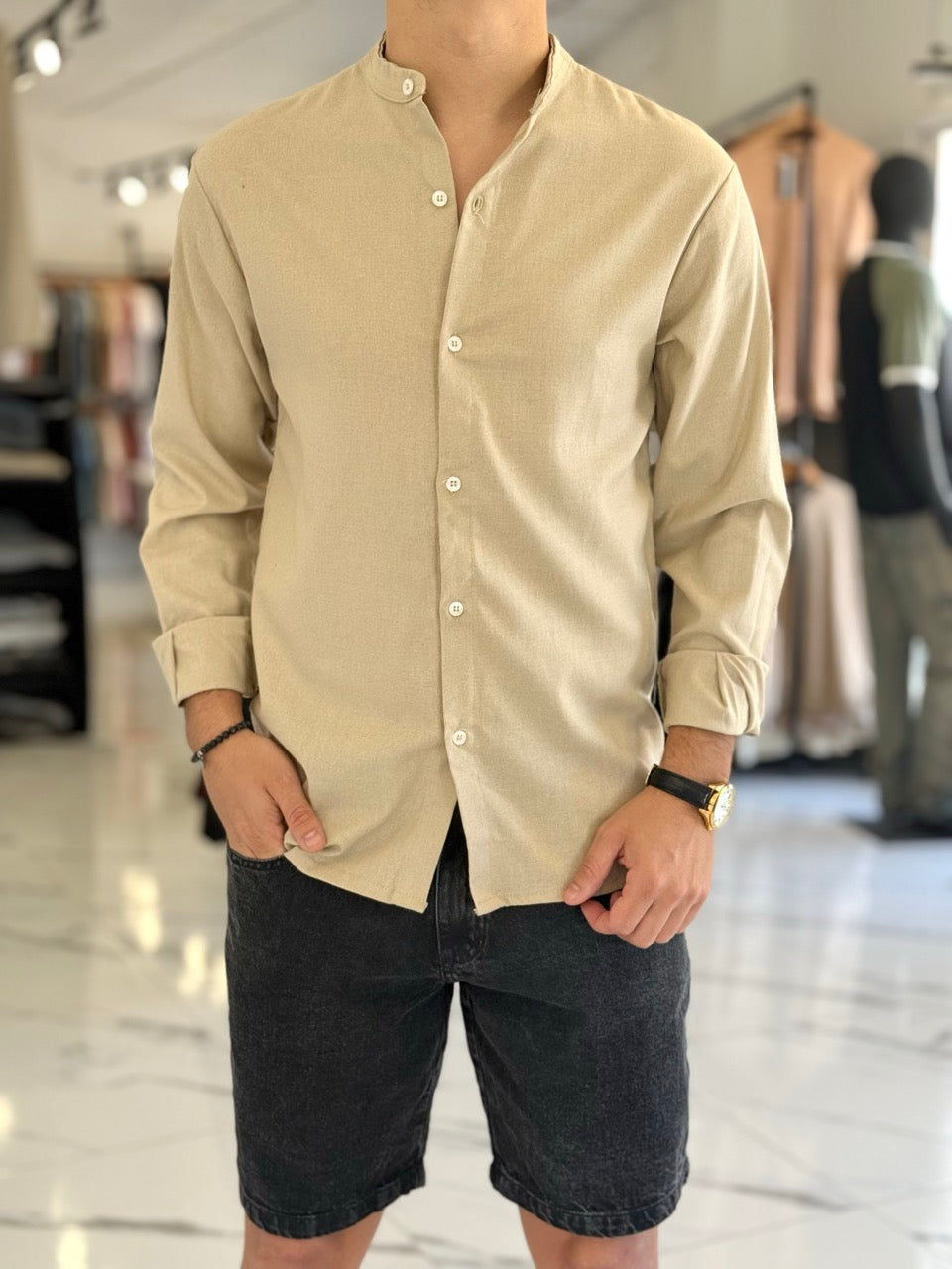 Camisa lino cuello mao