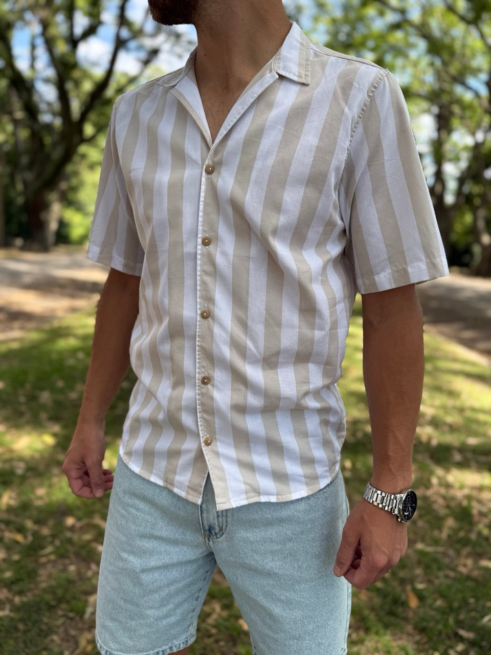 Camisa MC rayada beige