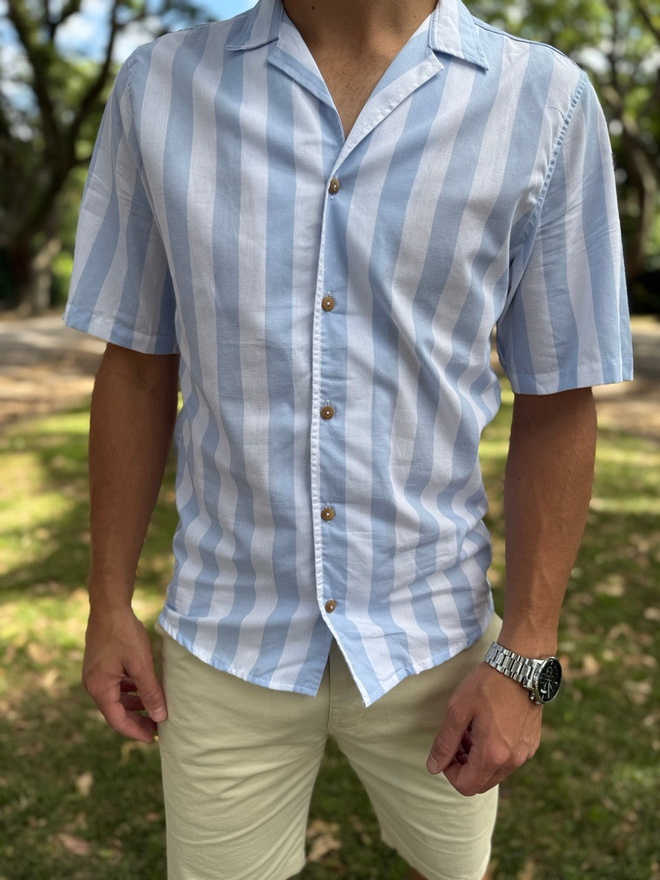 Camisa MC rayada celeste