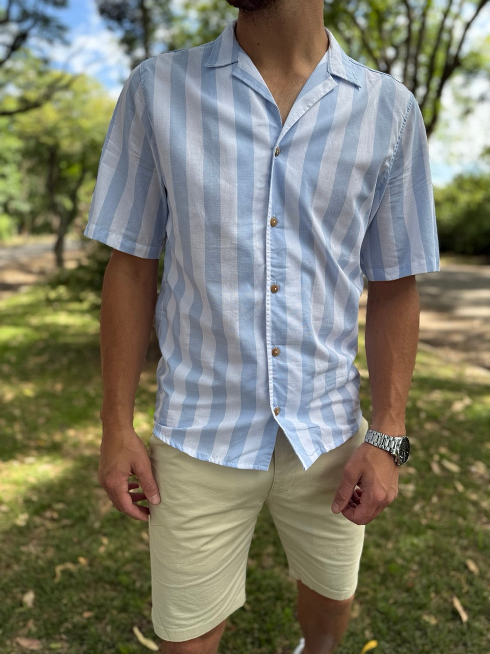 Camisa MC rayada celeste