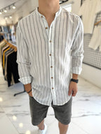 Camisa lino mao blanca raya negra