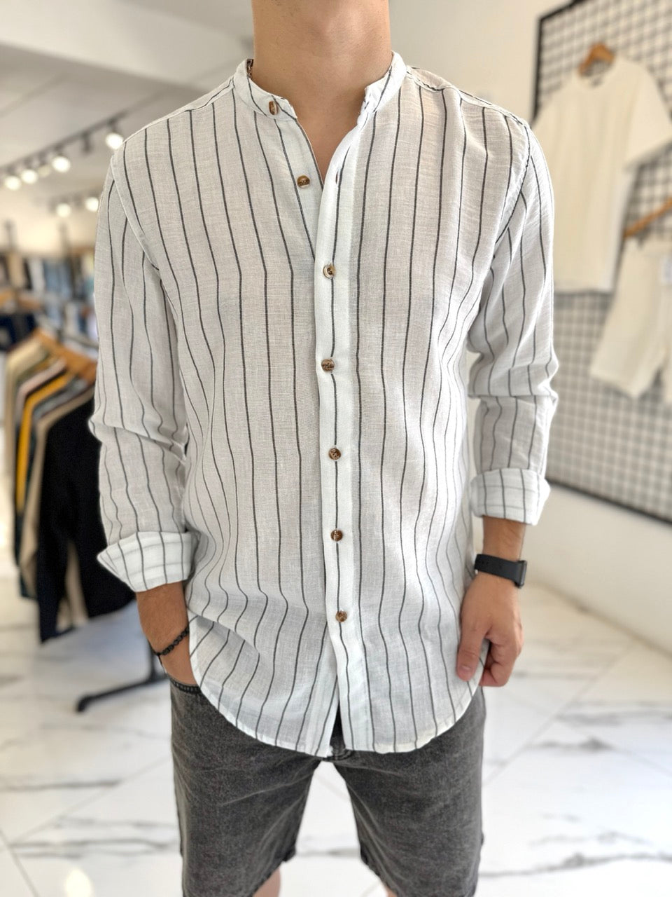 Camisa lino mao blanca raya negra