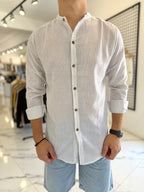 Camisa lino mao blanca rayita azul