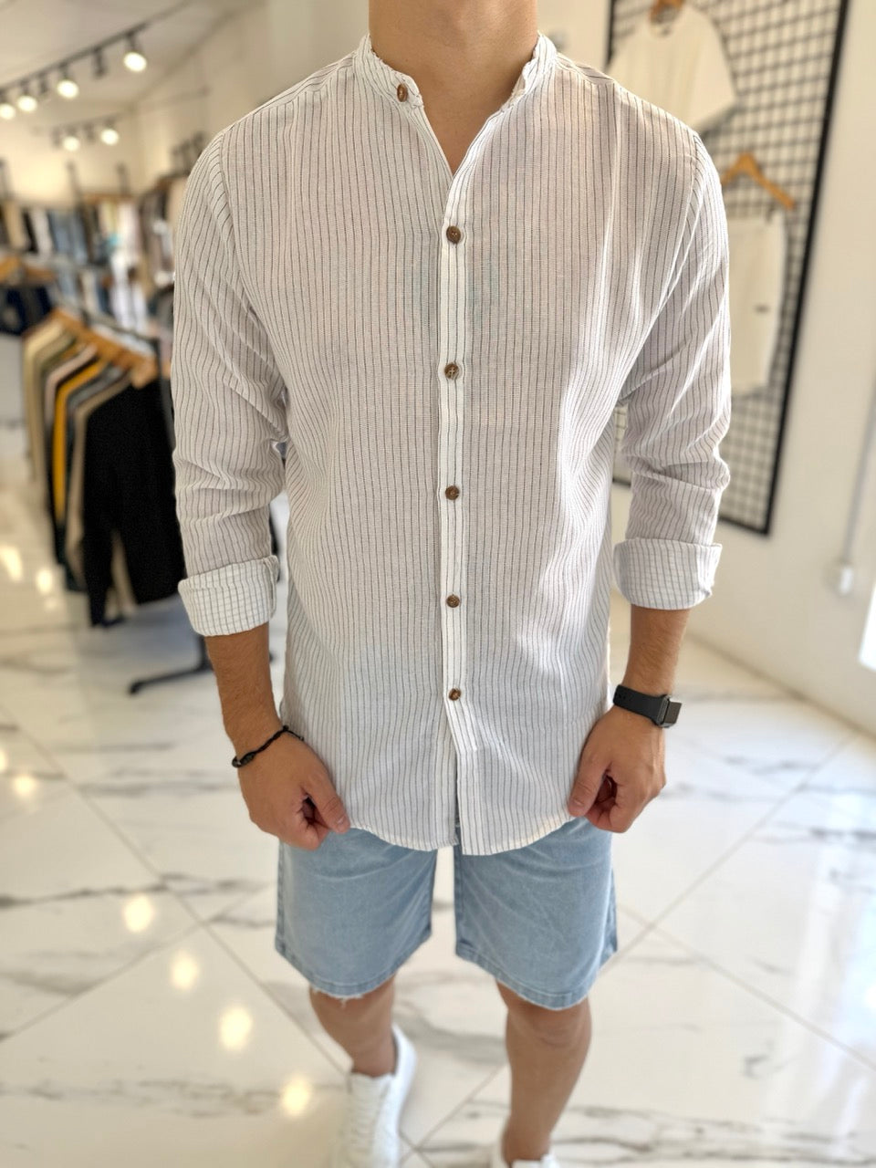 Camisa lino mao blanca rayita azul