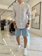 Camisa lino mao blanca rayita azul