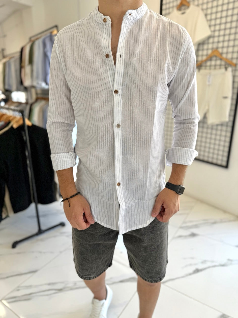 Camisa lino mao blanca rayita negro