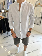 Camisa lino mao blanca rayita negro