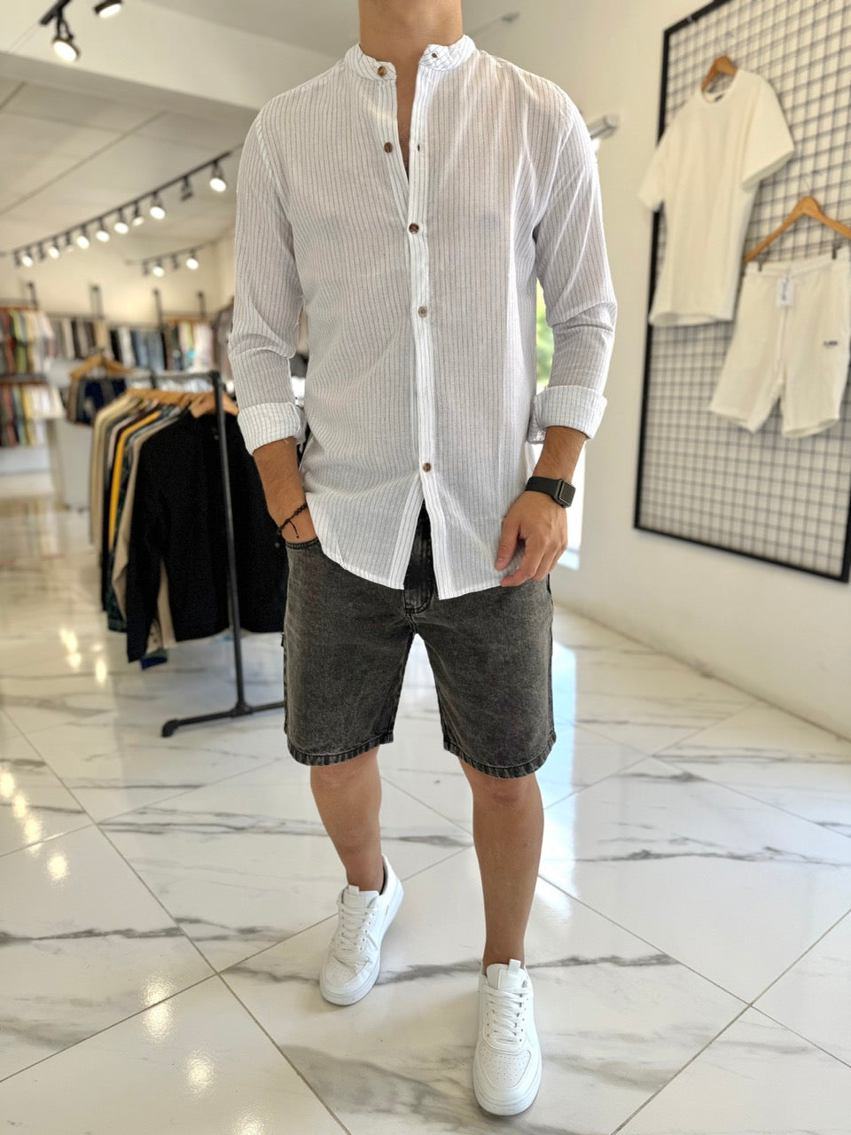 Camisa lino mao blanca rayita negro