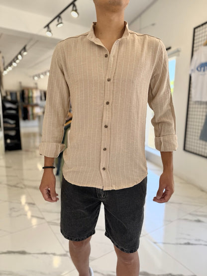 Camisa lino mao camel rayaita blanca