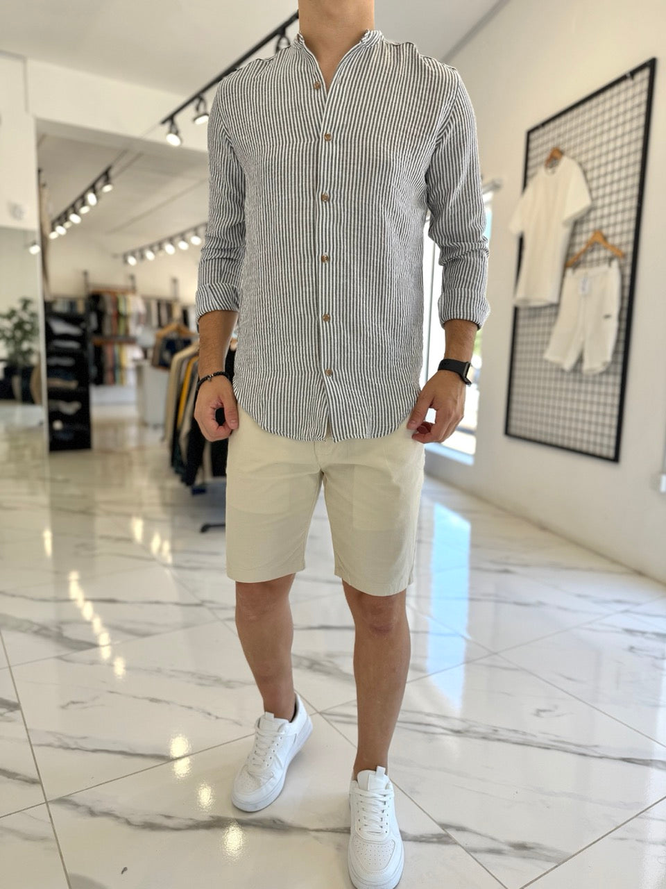 Camisa lino mao raya gris