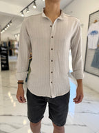 Camisa lino mao tostado rayaita blanca