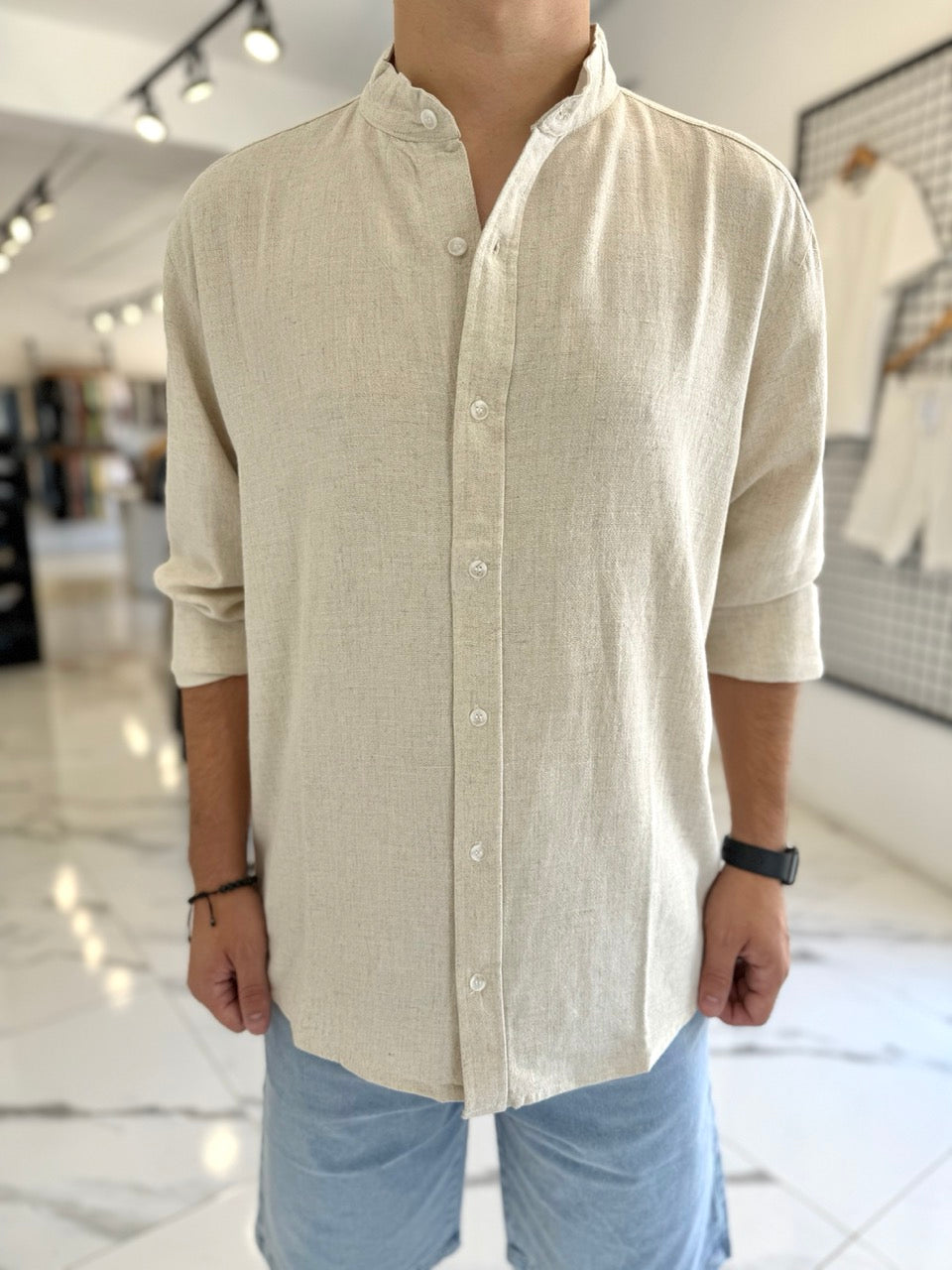 Camisa oversize lino mao beige