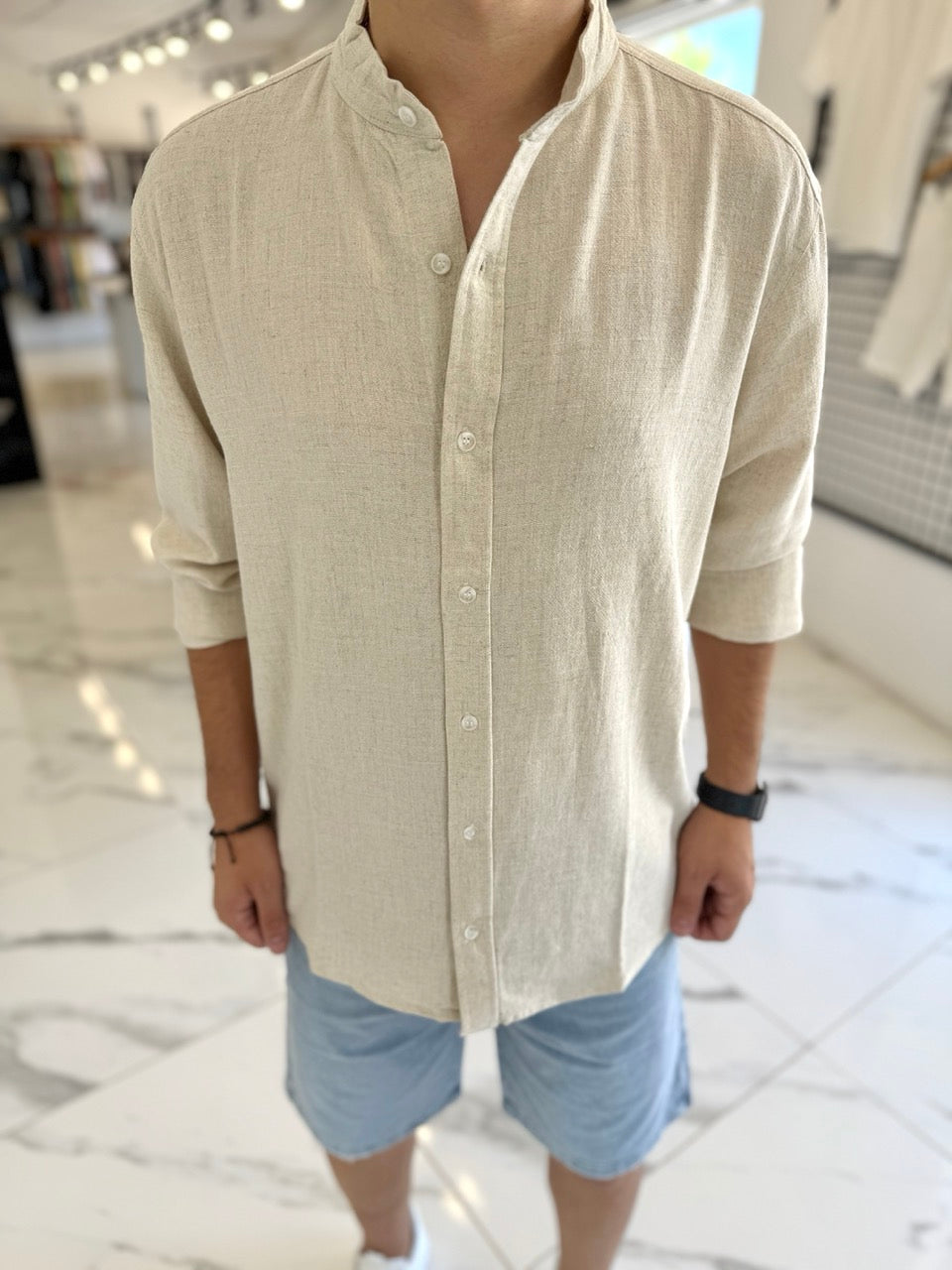 Camisa oversize lino mao beige