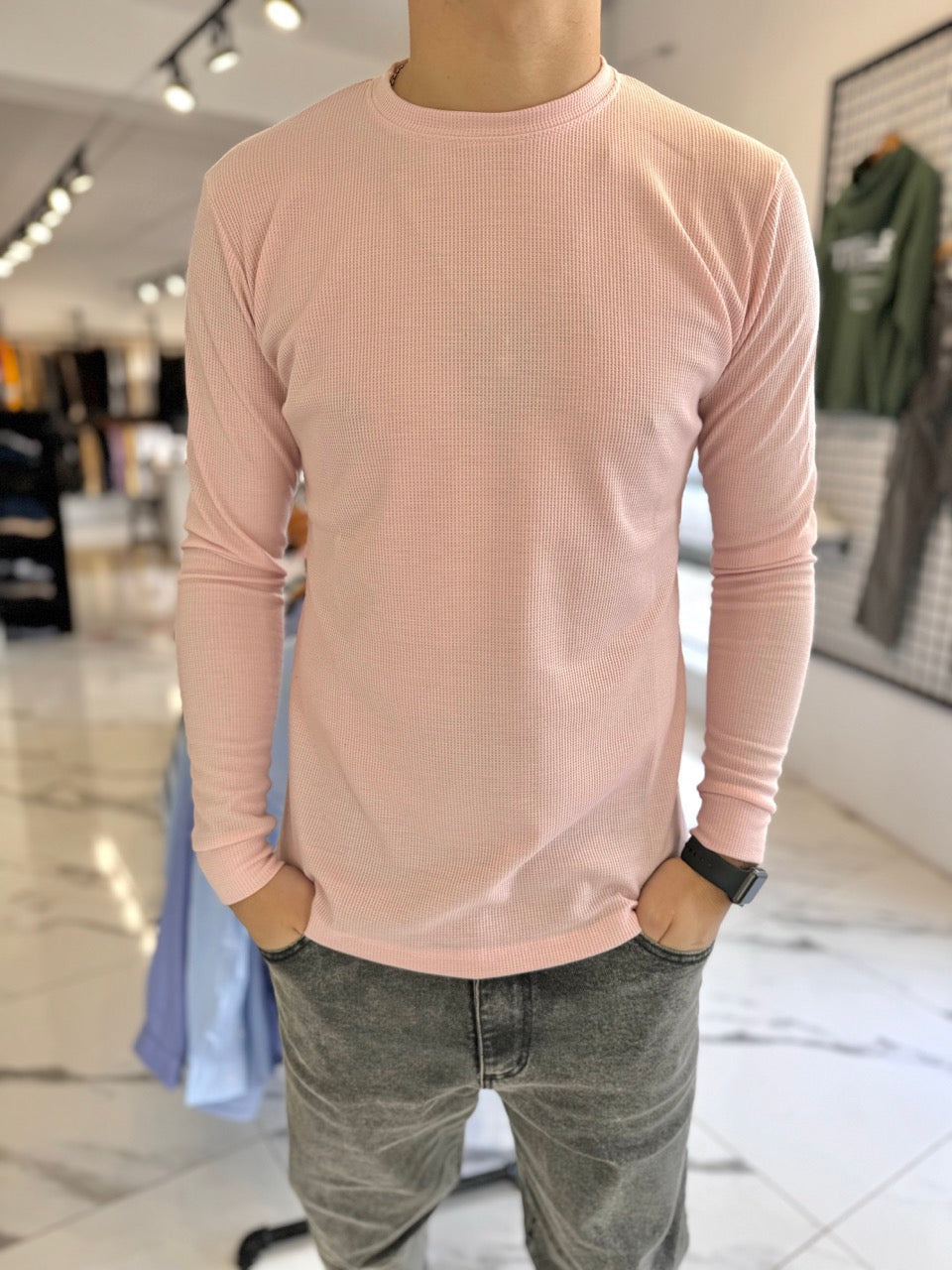Remera slim fit wafle manga larga rosada